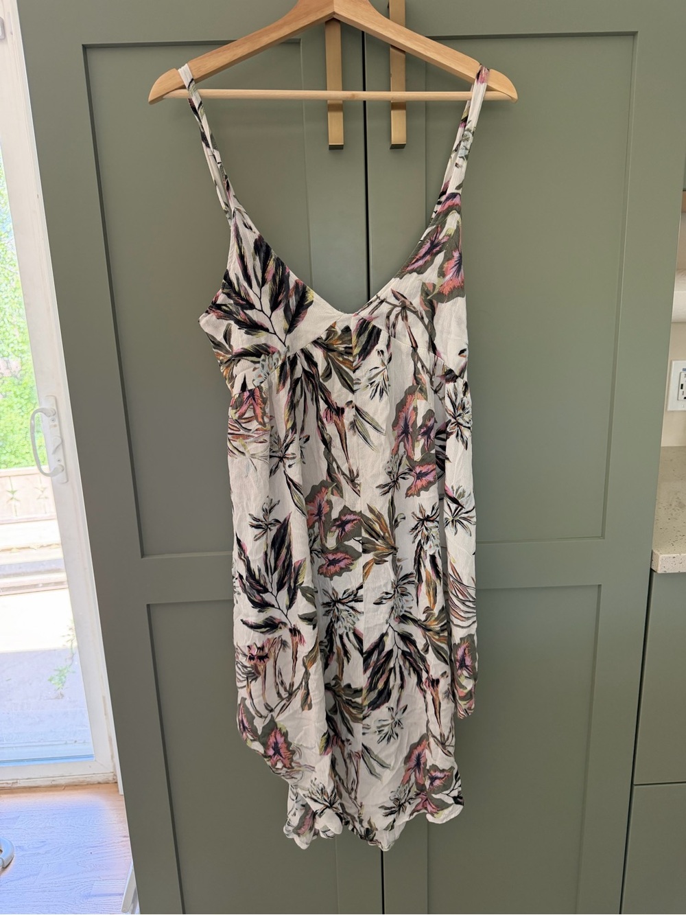 ONeill Floral Slip Dress in White with Pink & Green Botanical Print